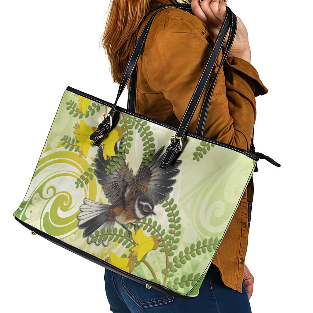 New Zealand Piwakawaka Fantail Bird Leather Tote Bag With Kowhai Flowers