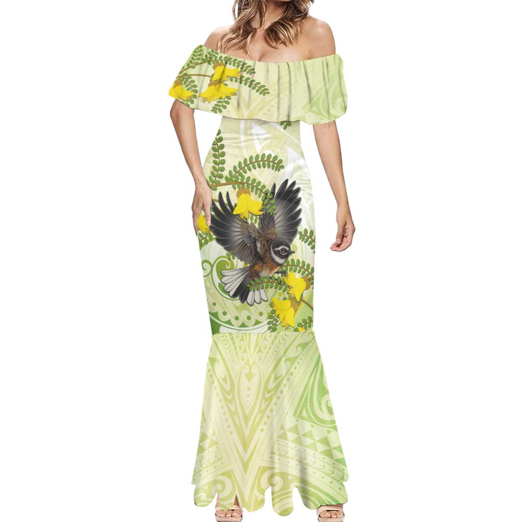 New Zealand Piwakawaka Fantail Bird Mermaid Dress With Kowhai Flowers LT05 - Polynesian Pride