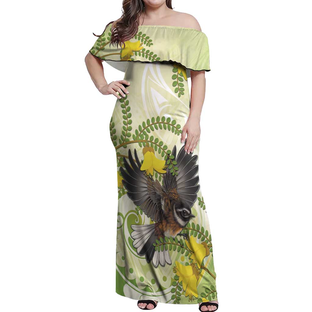New Zealand Piwakawaka Fantail Bird Off Shoulder Maxi Dress With Kowhai Flowers LT05 Women Green - Polynesian Pride