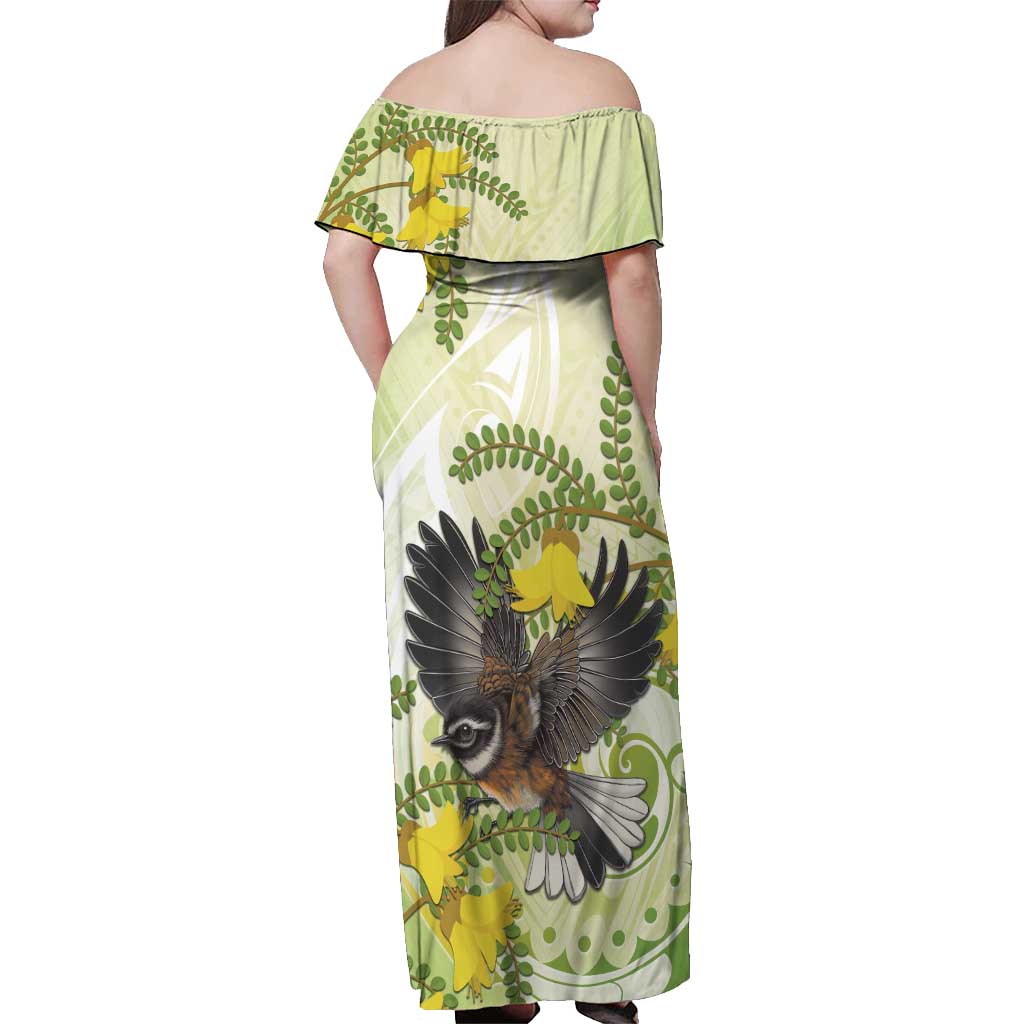 New Zealand Piwakawaka Fantail Bird Off Shoulder Maxi Dress With Kowhai Flowers LT05 - Polynesian Pride