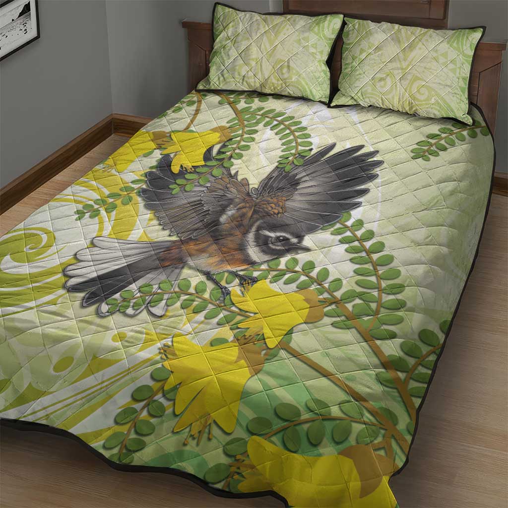New Zealand Piwakawaka Fantail Bird Quilt Bed Set With Kowhai Flowers