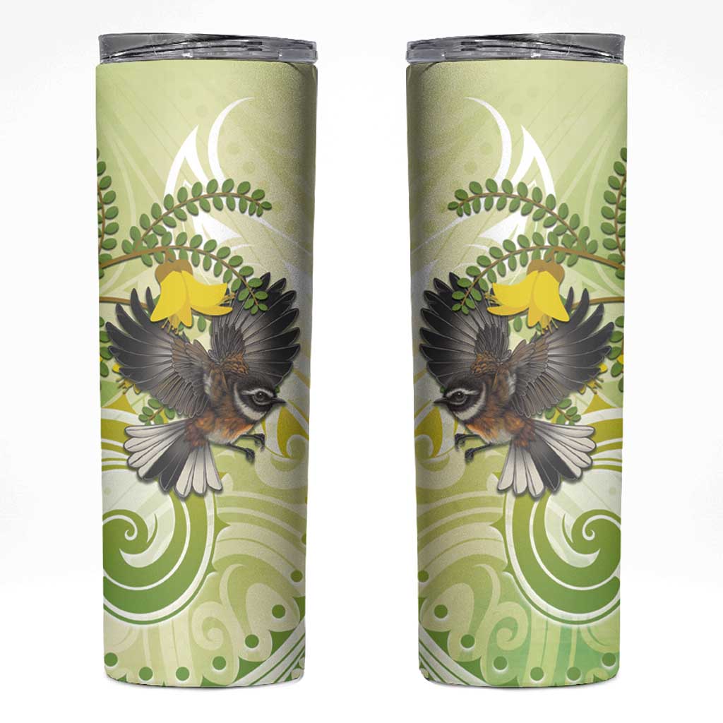 New Zealand Piwakawaka Fantail Bird Skinny Tumbler With Kowhai Flowers