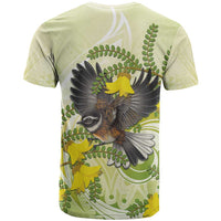 New Zealand Piwakawaka Fantail Bird T Shirt With Kowhai Flowers