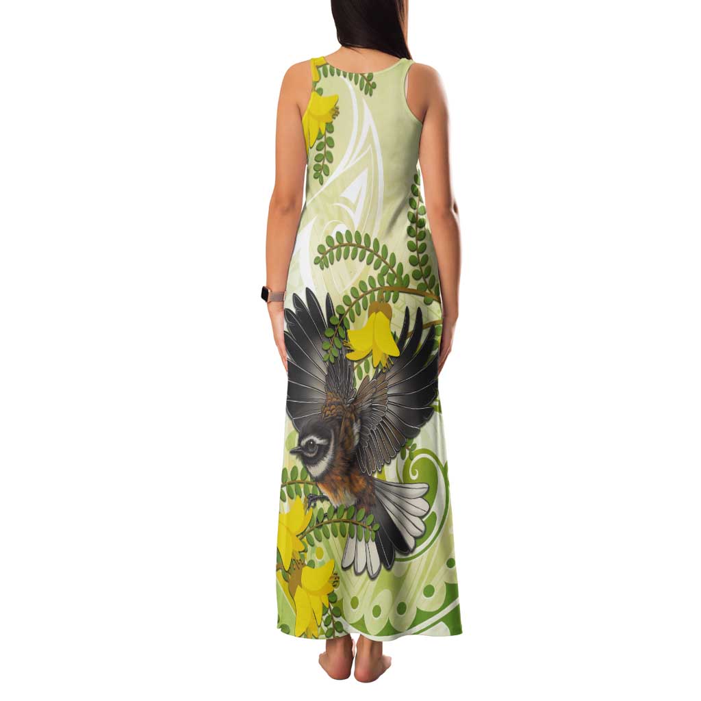 New Zealand Piwakawaka Fantail Bird Tank Maxi Dress With Kowhai Flowers