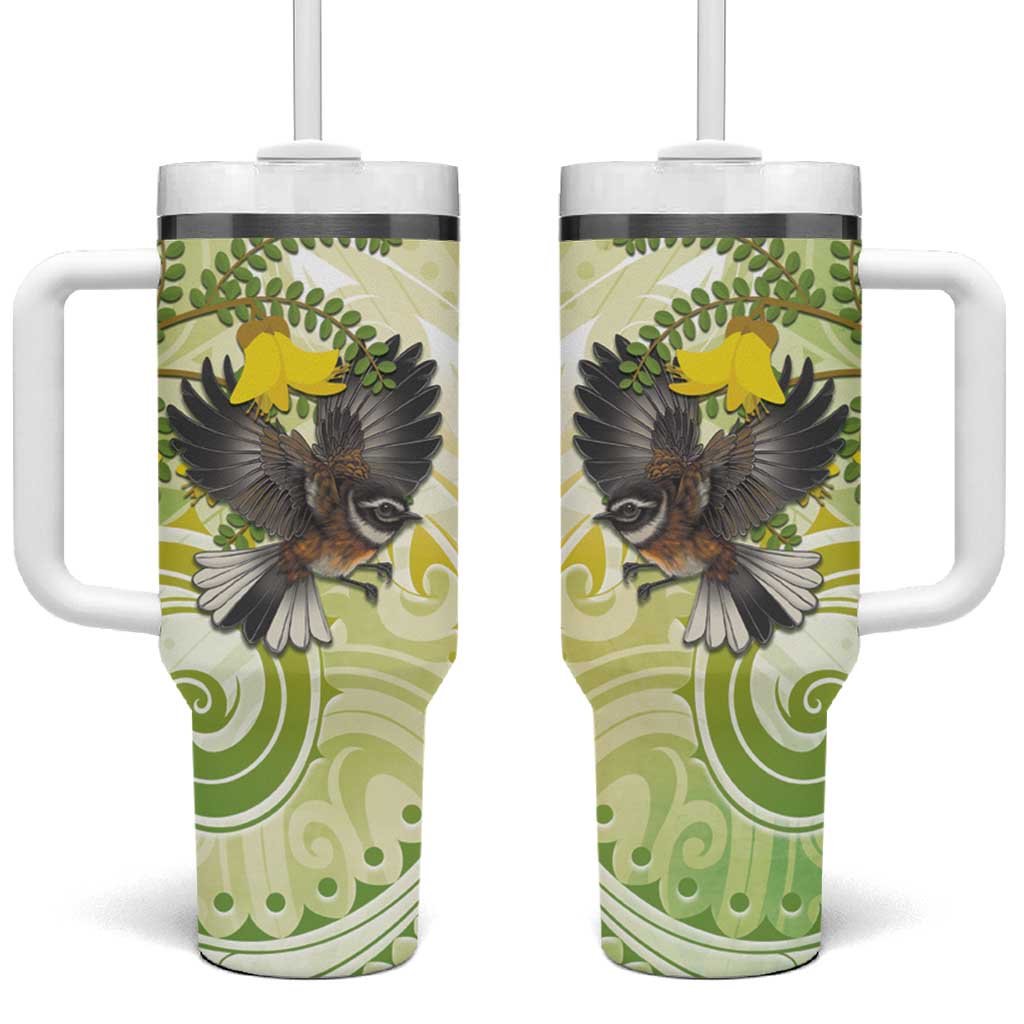 New Zealand Piwakawaka Fantail Bird Tumbler With Handle With Kowhai Flowers