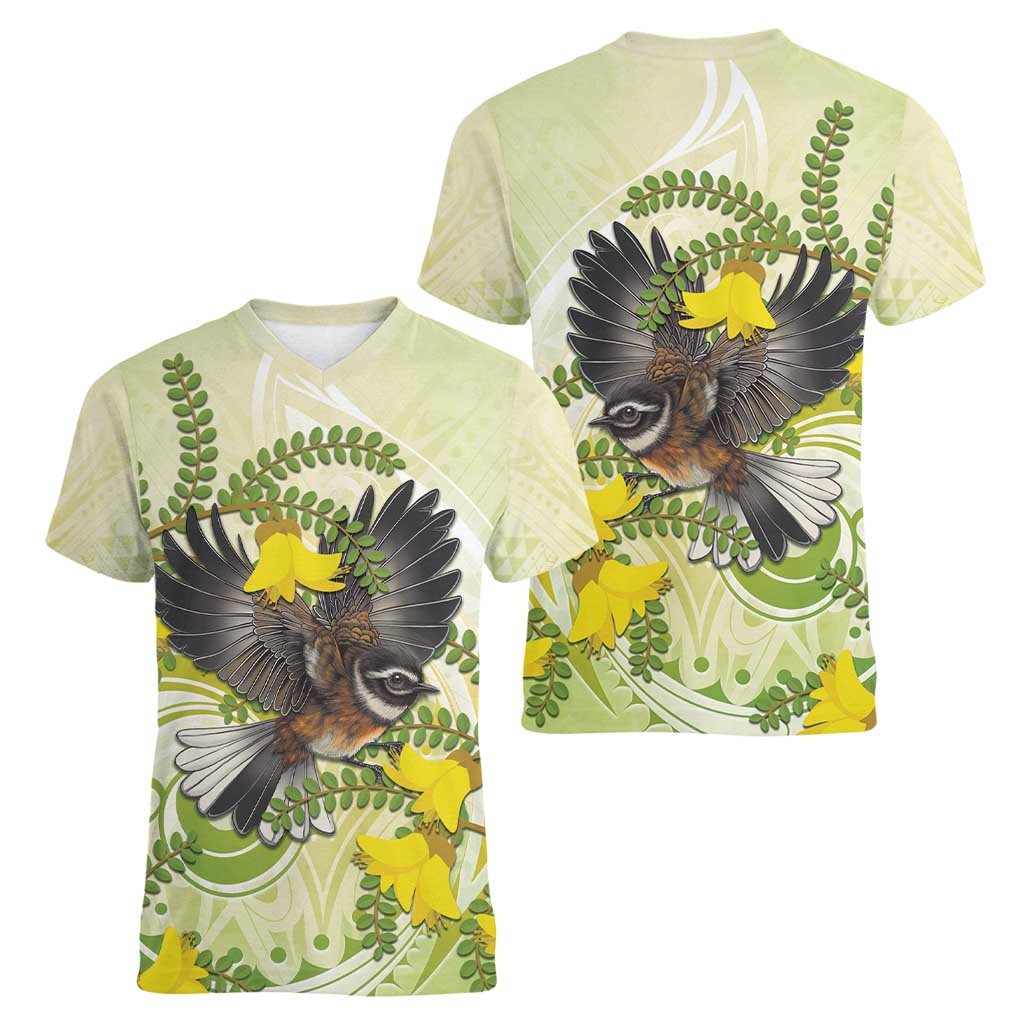 New Zealand Piwakawaka Fantail Bird Women V-Neck T-Shirt With Kowhai Flowers LT05 - Polynesian Pride