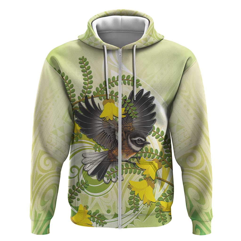 New Zealand Piwakawaka Fantail Bird Zip Hoodie With Kowhai Flowers LT05 Zip Hoodie Green - Polynesian Pride