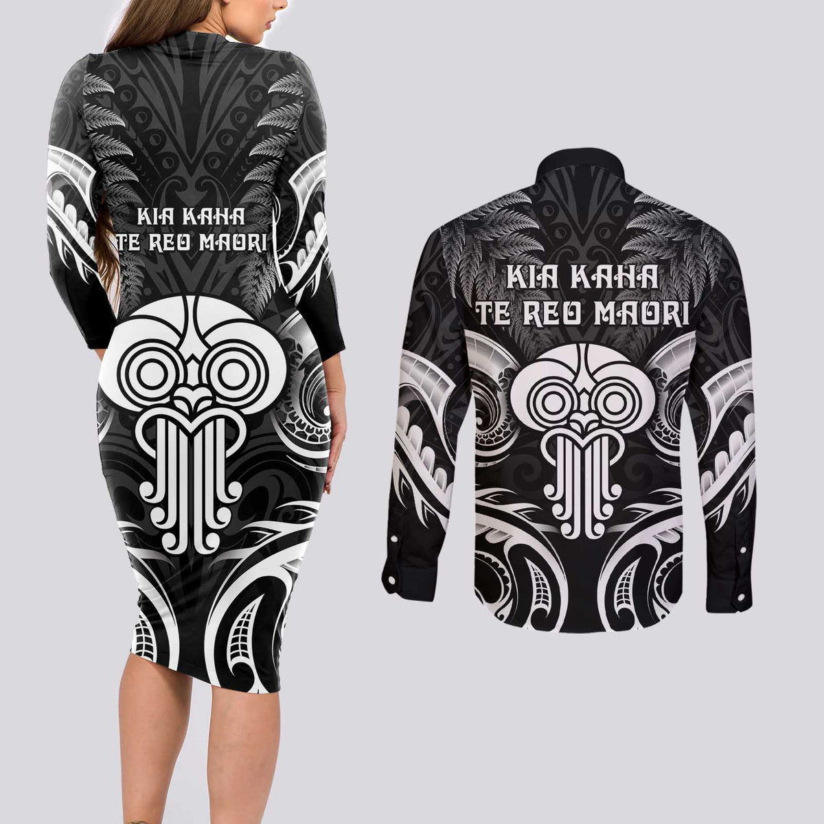 New Zealand Te Reo Maori Couples Matching Long Sleeve Bodycon Dress and Long Sleeve Button Shirt Korero Maori Ai Au LT05 - Polynesian Pride