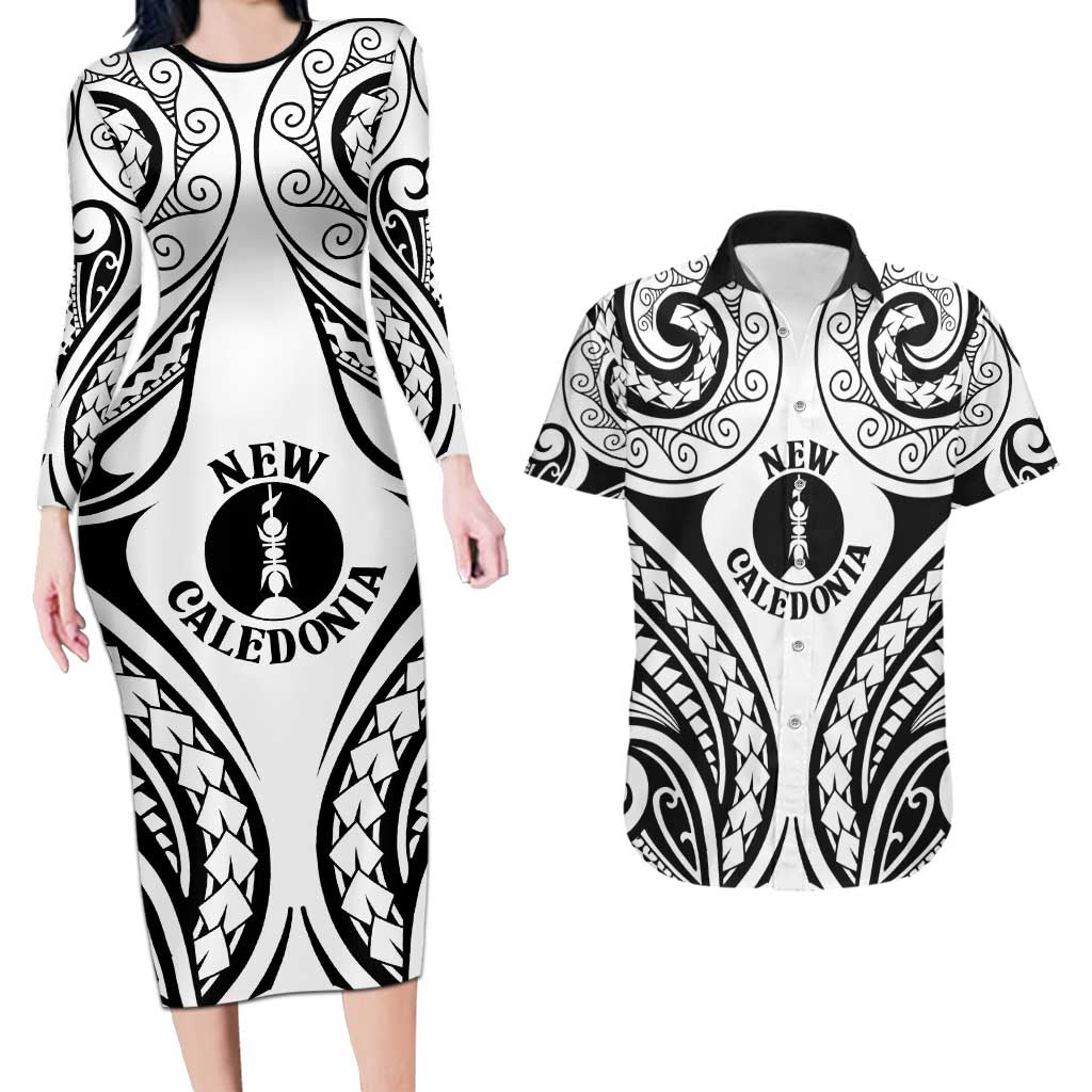 New Caledonia Day Couples Matching Long Sleeve Bodycon Dress and Hawaiian Shirt Polynesian Curves White Color - Polynesian Pride