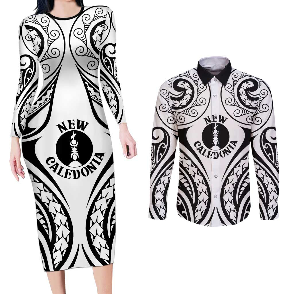 New Caledonia Day Couples Matching Long Sleeve Bodycon Dress and Long Sleeve Button Shirt Polynesian Curves White Color - Polynesian Pride