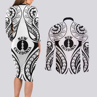 New Caledonia Day Couples Matching Long Sleeve Bodycon Dress and Long Sleeve Button Shirt Polynesian Curves White Color - Polynesian Pride