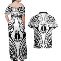 New Caledonia Day Couples Matching Off Shoulder Maxi Dress and Hawaiian Shirt Polynesian Curves White Color - Polynesian Pride