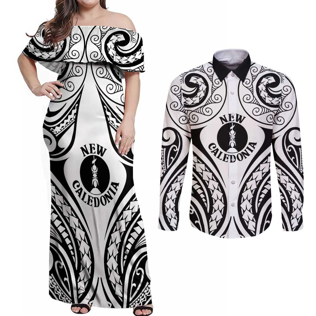 New Caledonia Day Couples Matching Off Shoulder Maxi Dress and Long Sleeve Button Shirt Polynesian Curves White Color - Polynesian Pride