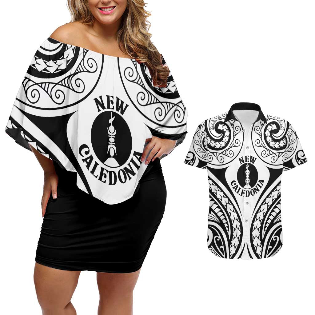 New Caledonia Day Couples Matching Off Shoulder Short Dress and Hawaiian Shirt Polynesian Curves White Color - Polynesian Pride