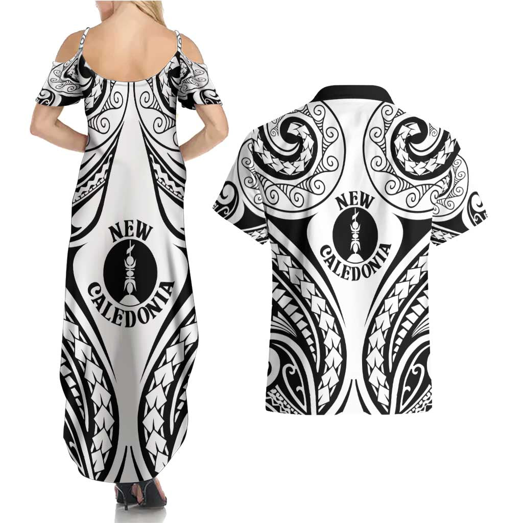 New Caledonia Day Couples Matching Summer Maxi Dress and Hawaiian Shirt Polynesian Curves White Color - Polynesian Pride
