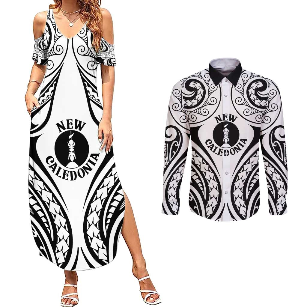 New Caledonia Day Couples Matching Summer Maxi Dress and Long Sleeve Button Shirt Polynesian Curves White Color - Polynesian Pride
