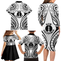 New Caledonia Day Family Matching Long Sleeve Bodycon Dress and Hawaiian Shirt Polynesian Curves White Color - Polynesian Pride