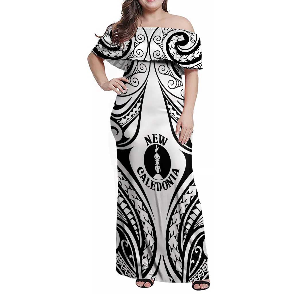 New Caledonia Day Family Matching Off Shoulder Maxi Dress and Hawaiian Shirt Polynesian Curves White Color - Polynesian Pride