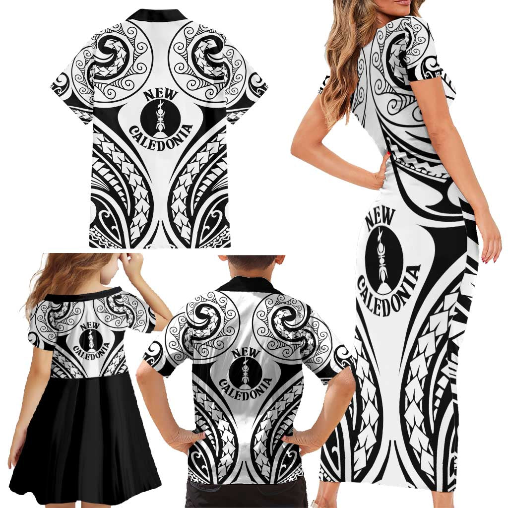 New Caledonia Day Family Matching Short Sleeve Bodycon Dress and Hawaiian Shirt Polynesian Curves White Color - Polynesian Pride