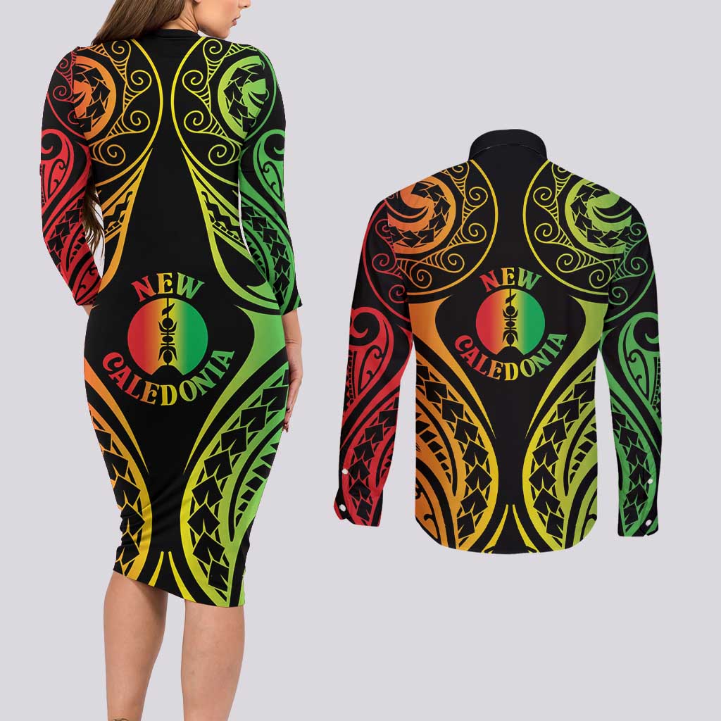 New Caledonia Day Couples Matching Long Sleeve Bodycon Dress and Long Sleeve Button Shirt Polynesian Curves Reggae Color - Polynesian Pride