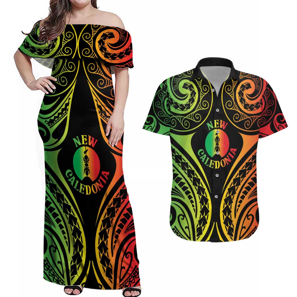 New Caledonia Day Couples Matching Off Shoulder Maxi Dress and Hawaiian Shirt Polynesian Curves Reggae Color - Polynesian Pride