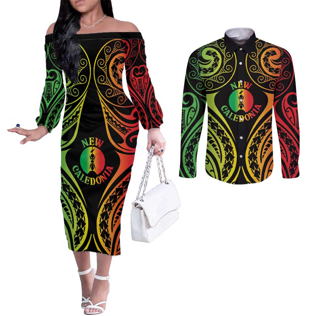 New Caledonia Day Couples Matching Off The Shoulder Long Sleeve Dress and Long Sleeve Button Shirt Polynesian Curves Reggae Color - Polynesian Pride