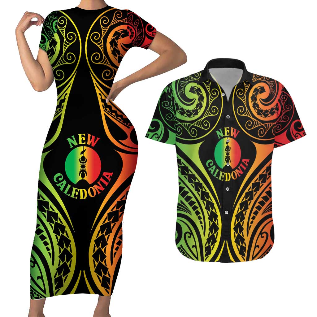 New Caledonia Day Couples Matching Short Sleeve Bodycon Dress and Hawaiian Shirt Polynesian Curves Reggae Color - Polynesian Pride