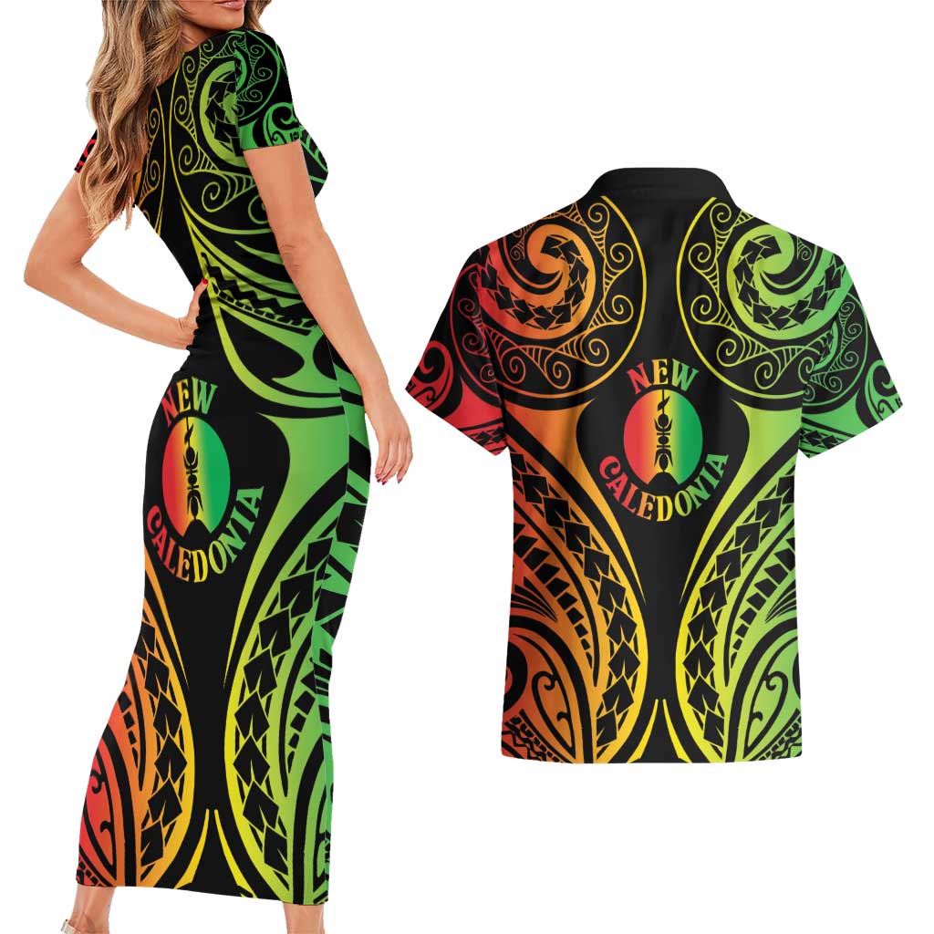 New Caledonia Day Couples Matching Short Sleeve Bodycon Dress and Hawaiian Shirt Polynesian Curves Reggae Color - Polynesian Pride