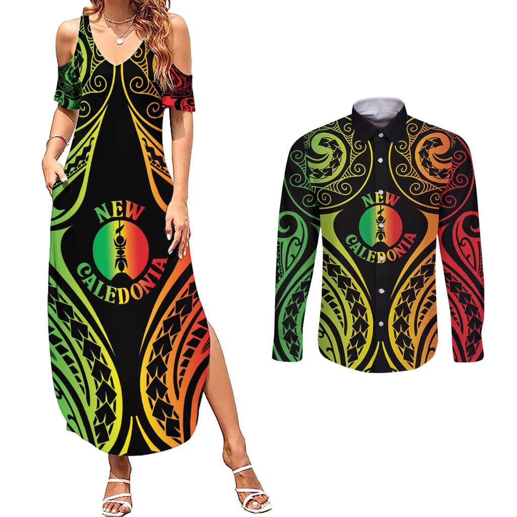 New Caledonia Day Couples Matching Summer Maxi Dress and Long Sleeve Button Shirt Polynesian Curves Reggae Color - Polynesian Pride