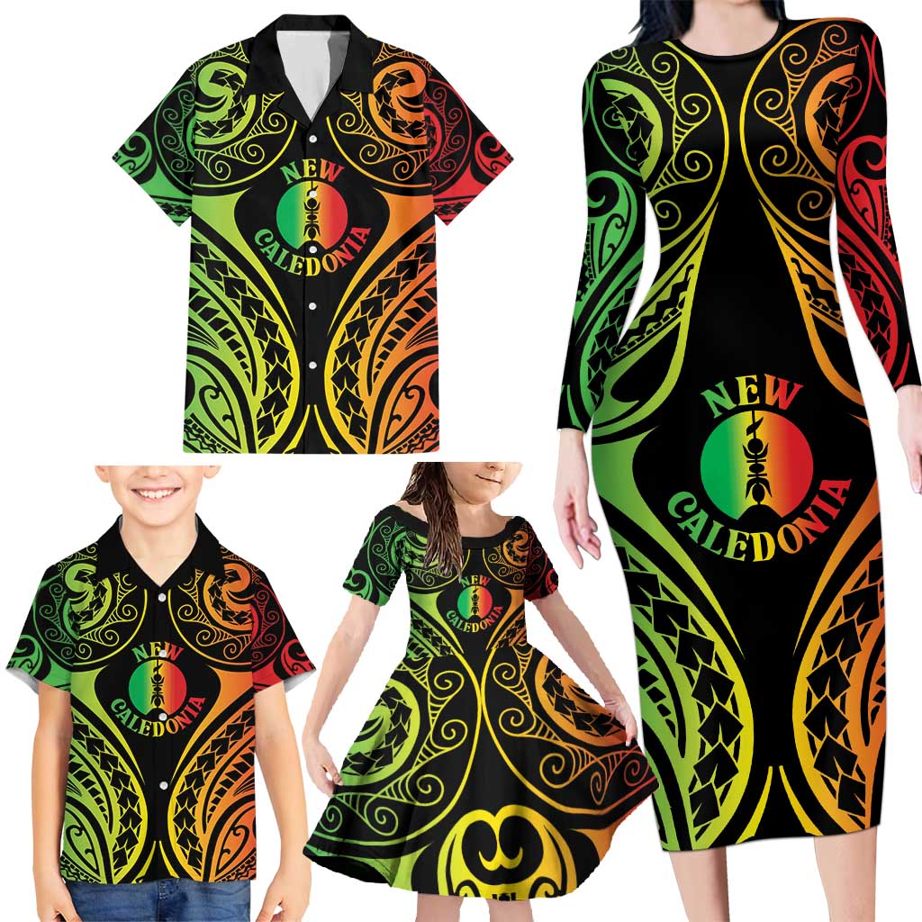New Caledonia Day Family Matching Long Sleeve Bodycon Dress and Hawaiian Shirt Polynesian Curves Reggae Color - Polynesian Pride