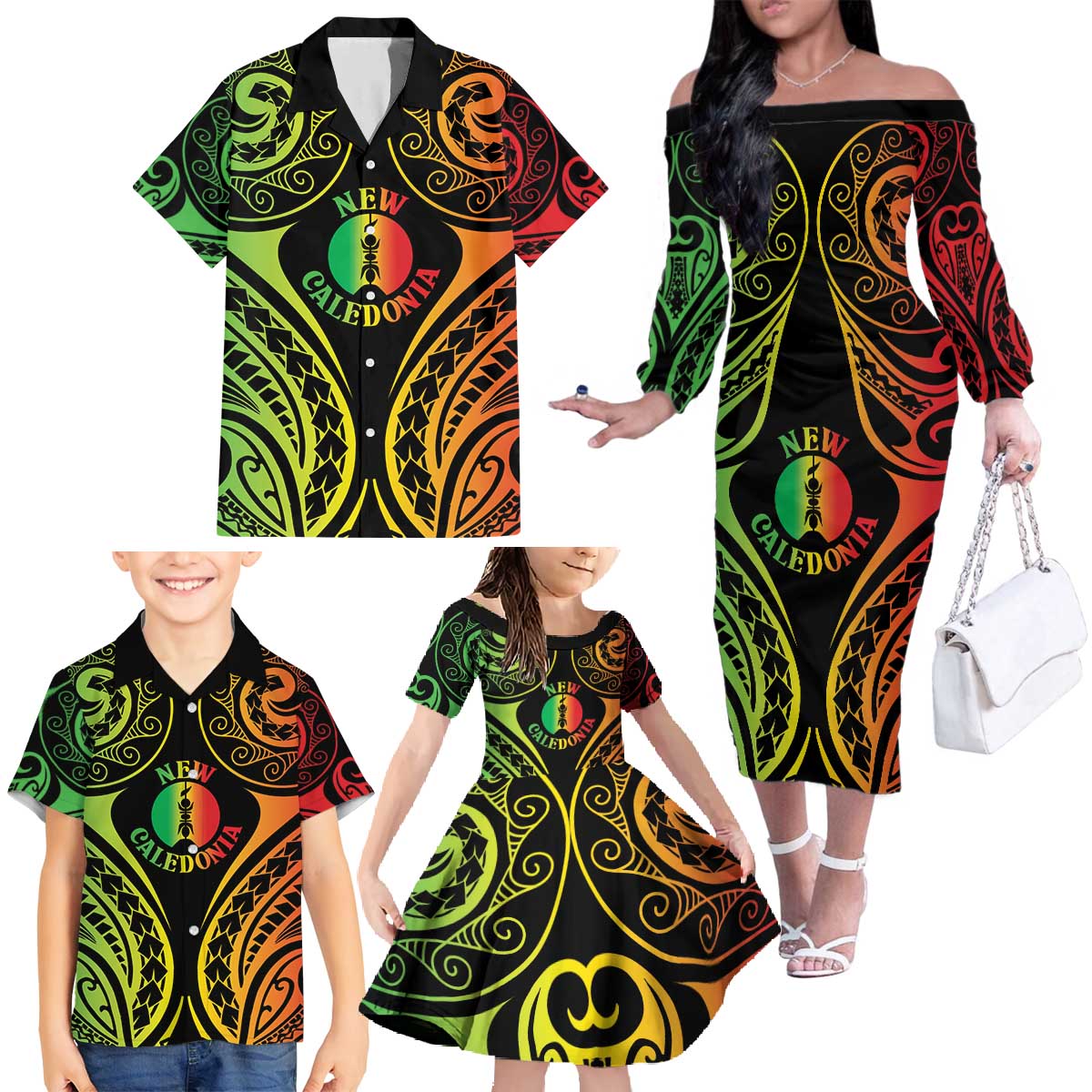 New Caledonia Day Family Matching Off The Shoulder Long Sleeve Dress and Hawaiian Shirt Polynesian Curves Reggae Color - Polynesian Pride