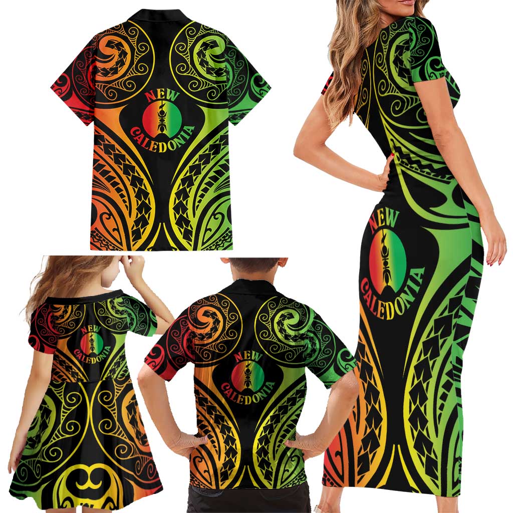 New Caledonia Day Family Matching Short Sleeve Bodycon Dress and Hawaiian Shirt Polynesian Curves Reggae Color - Polynesian Pride