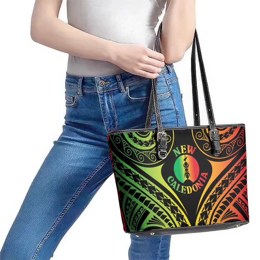 New Caledonia Day Leather Tote Bag Polynesian Curves Reggae Color - Polynesian Pride