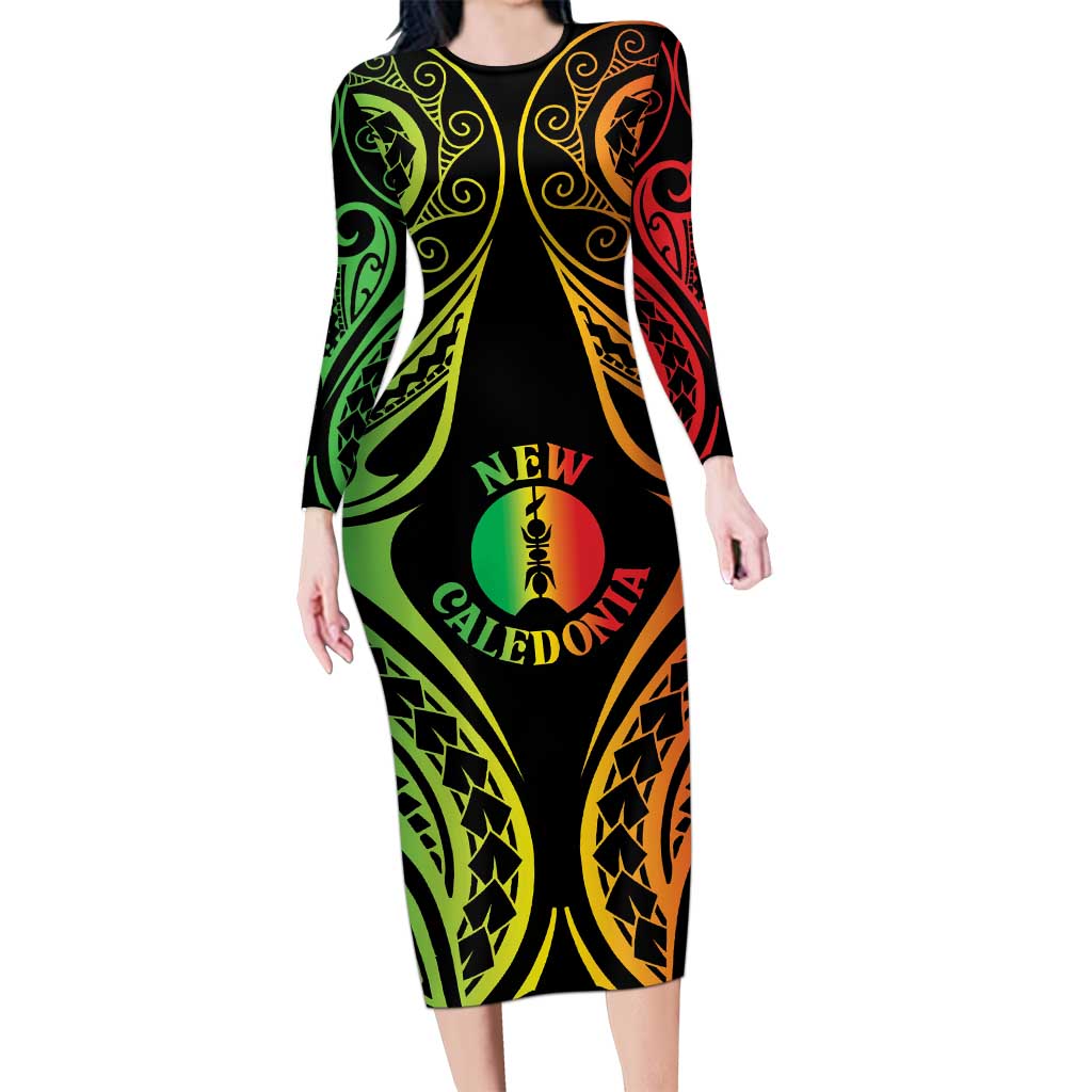New Caledonia Day Long Sleeve Bodycon Dress Polynesian Curves Reggae Color - Polynesian Pride