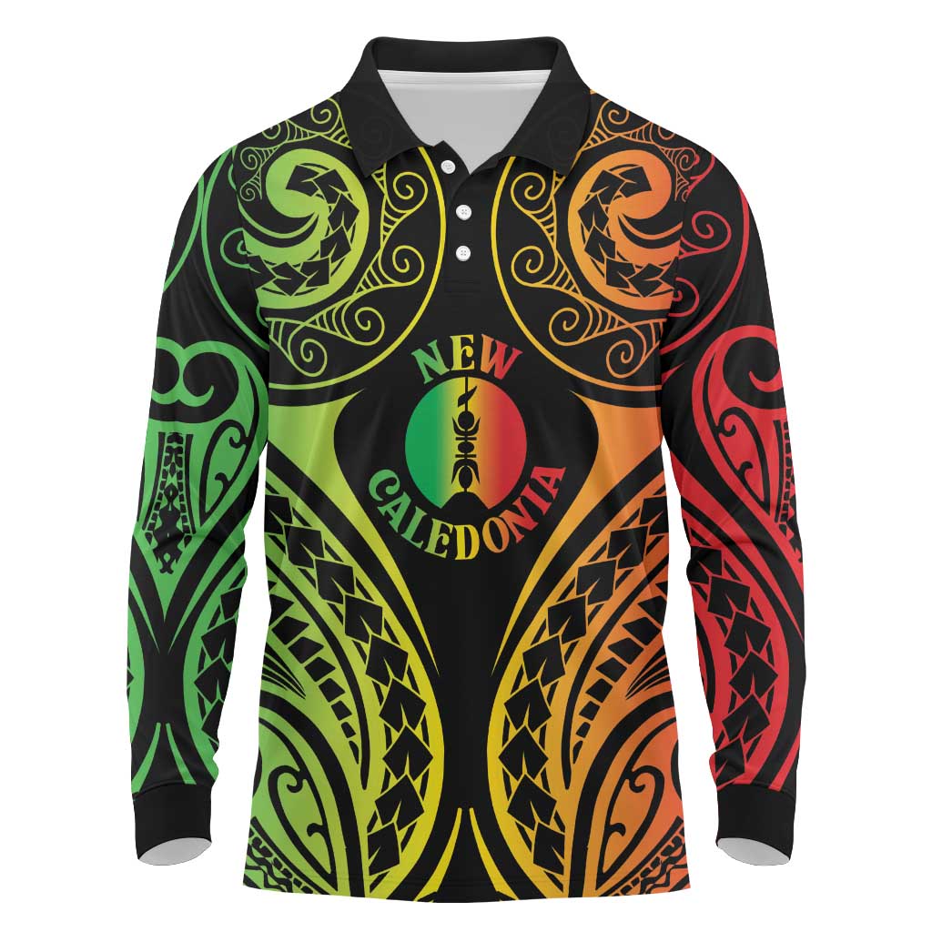 New Caledonia Day Long Sleeve Polo Shirt Polynesian Curves Reggae Color - Polynesian Pride