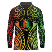 New Caledonia Day Long Sleeve Polo Shirt Polynesian Curves Reggae Color - Polynesian Pride