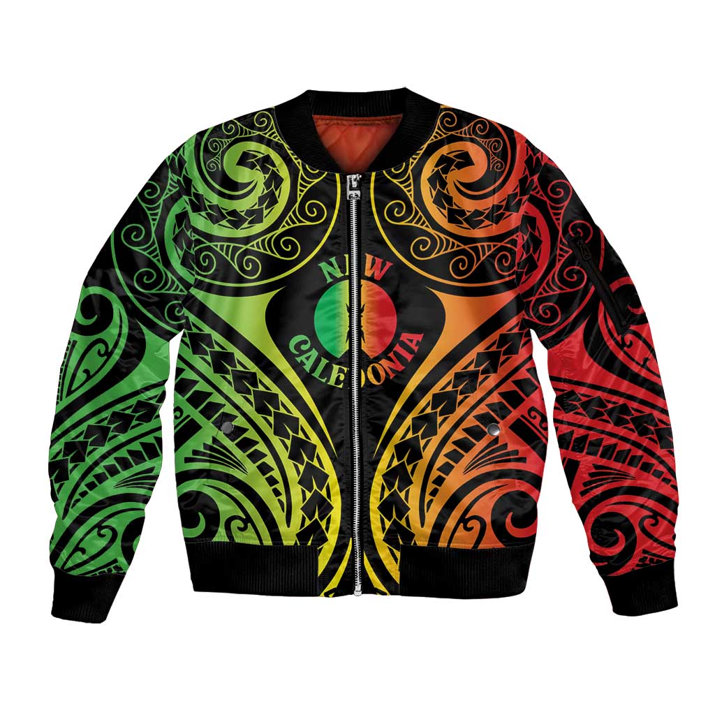 New Caledonia Day Sleeve Zip Bomber Jacket Polynesian Curves Reggae Color - Polynesian Pride