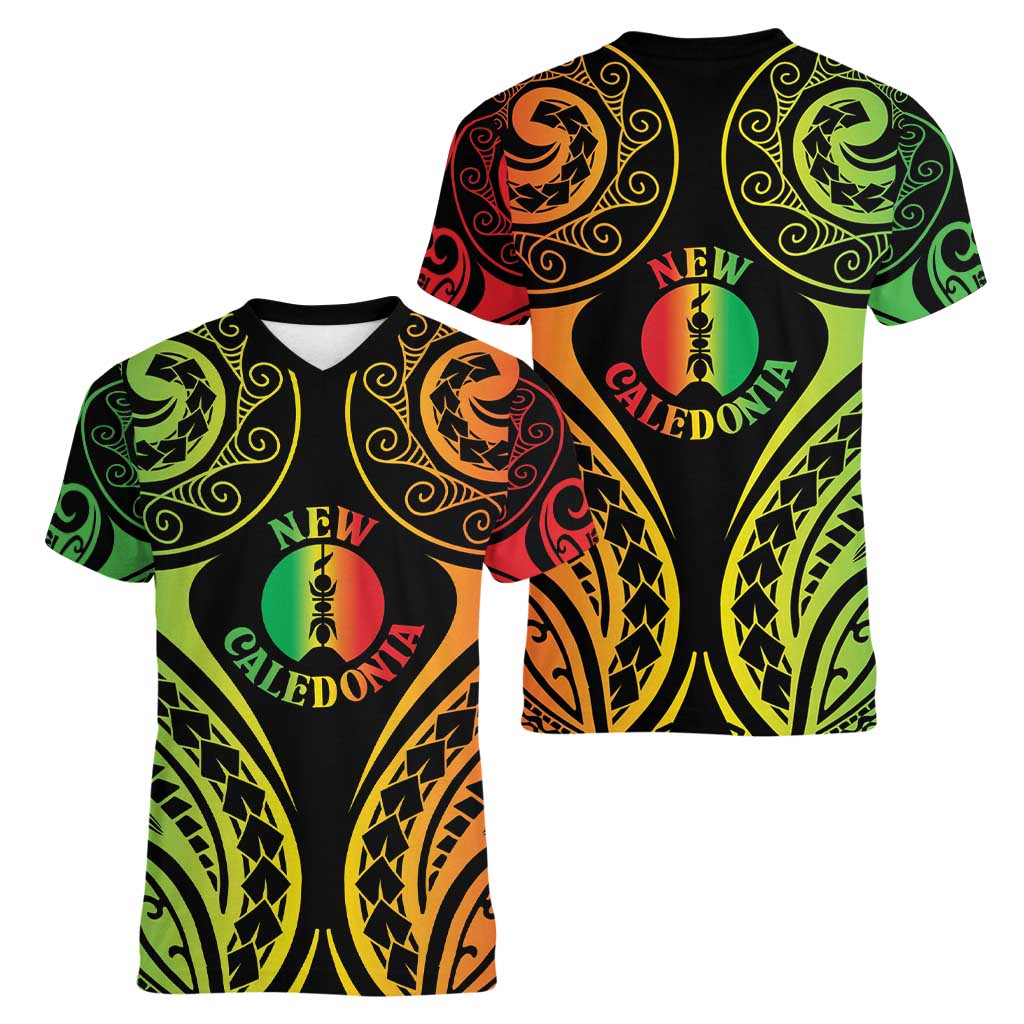 New Caledonia Day Women V-Neck T-Shirt Polynesian Curves Reggae Color - Polynesian Pride