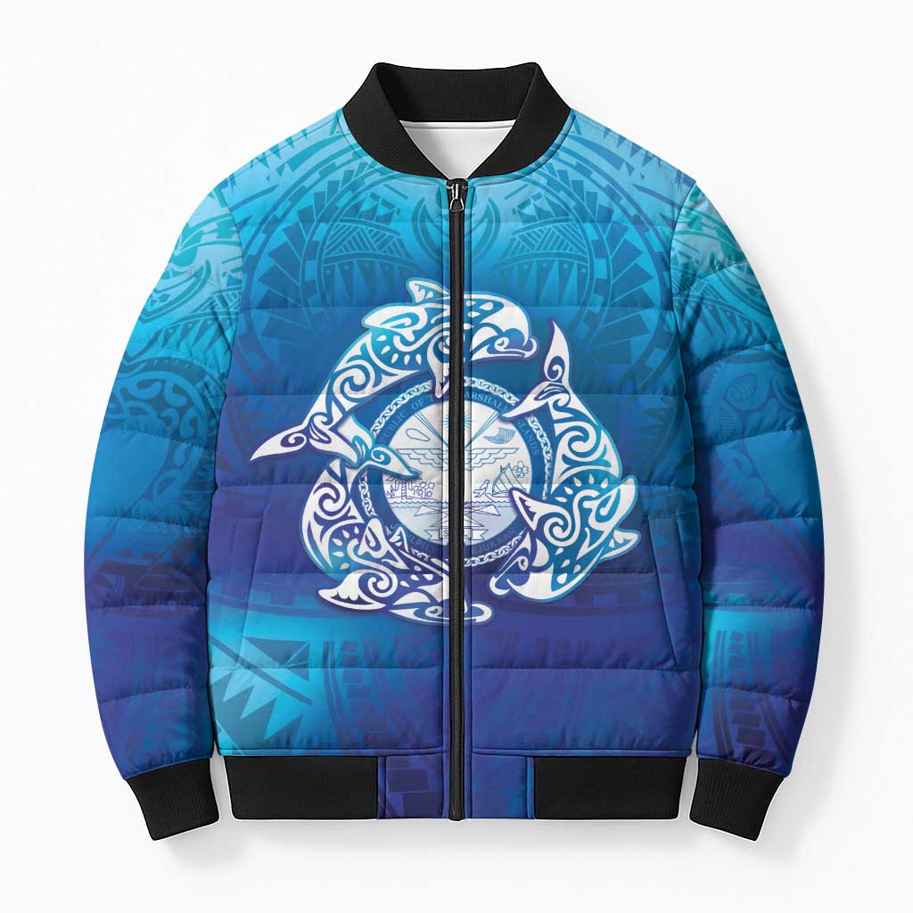 Marshall Islands Manit Day Bomber Puffer Jacket Tribal Dolphin With Marshall Seal - Polynesian Pride
