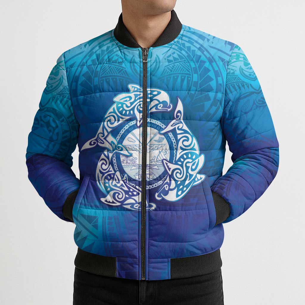 Marshall Islands Manit Day Bomber Puffer Jacket Tribal Dolphin With Marshall Seal - Polynesian Pride