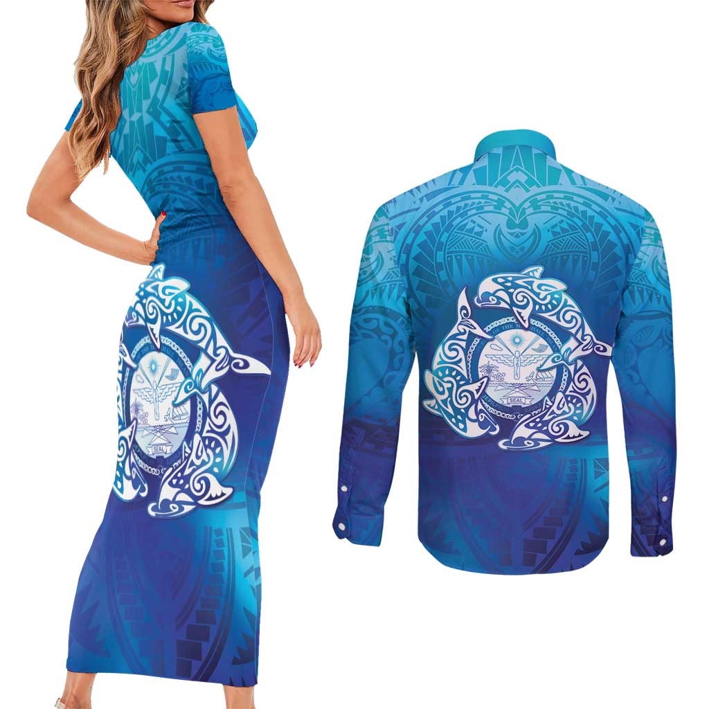Marshall Islands Manit Day Couples Matching Short Sleeve Bodycon Dress and Long Sleeve Button Shirt Tribal Dolphin With Marshall Seal - Polynesian Pride