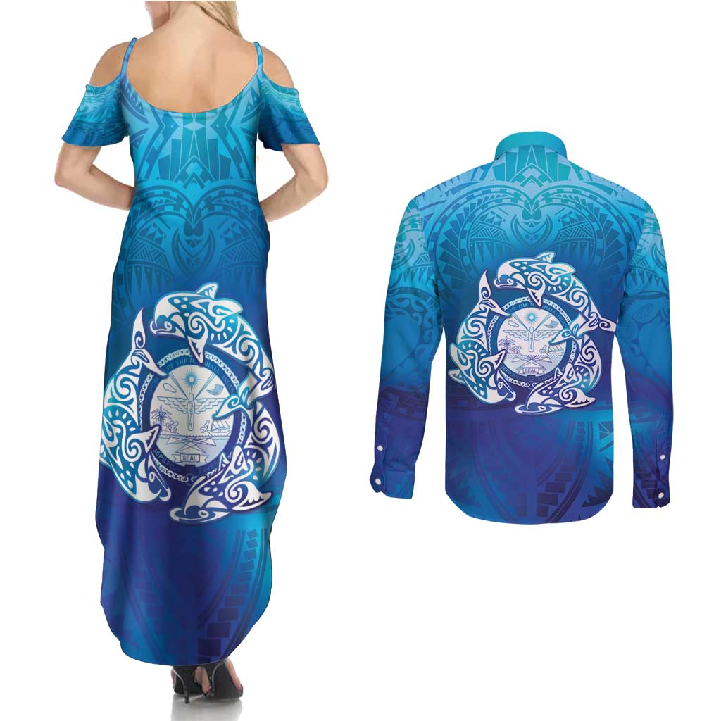 Marshall Islands Manit Day Couples Matching Summer Maxi Dress and Long Sleeve Button Shirt Tribal Dolphin With Marshall Seal - Polynesian Pride