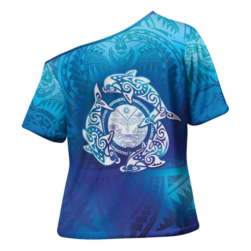 Marshall Islands Manit Day Cross Shoulder Shirt Tribal Dolphin With Marshall Seal - Polynesian Pride