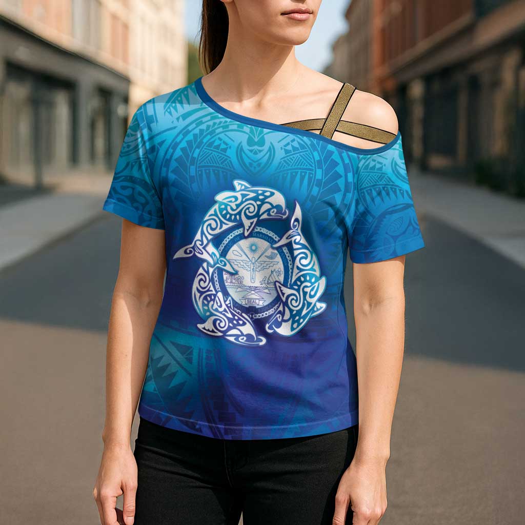 Marshall Islands Manit Day Cross Shoulder Shirt Tribal Dolphin With Marshall Seal - Polynesian Pride