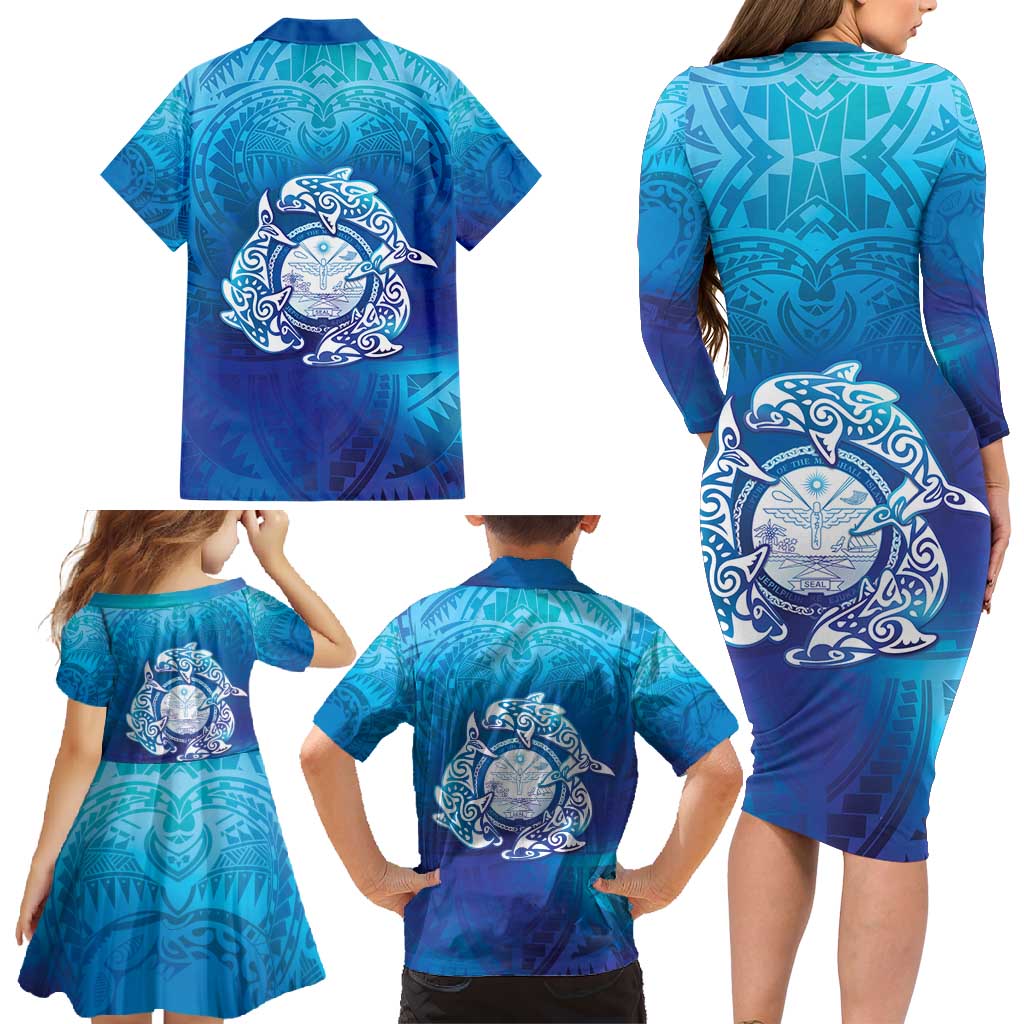 Marshall Islands Manit Day Family Matching Long Sleeve Bodycon Dress and Hawaiian Shirt Tribal Dolphin With Marshall Seal - Polynesian Pride
