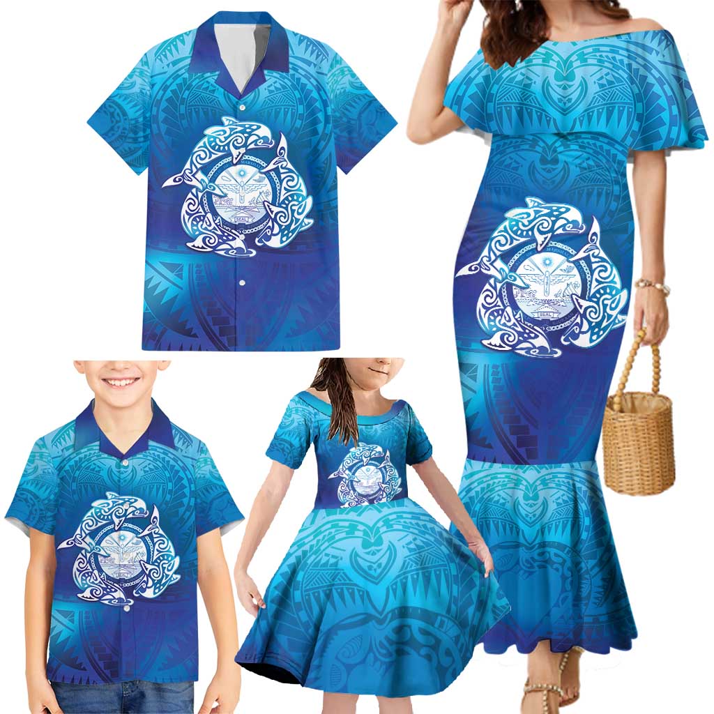 Marshall Islands Manit Day Family Matching Mermaid Dress and Hawaiian Shirt Tribal Dolphin With Marshall Seal - Polynesian Pride