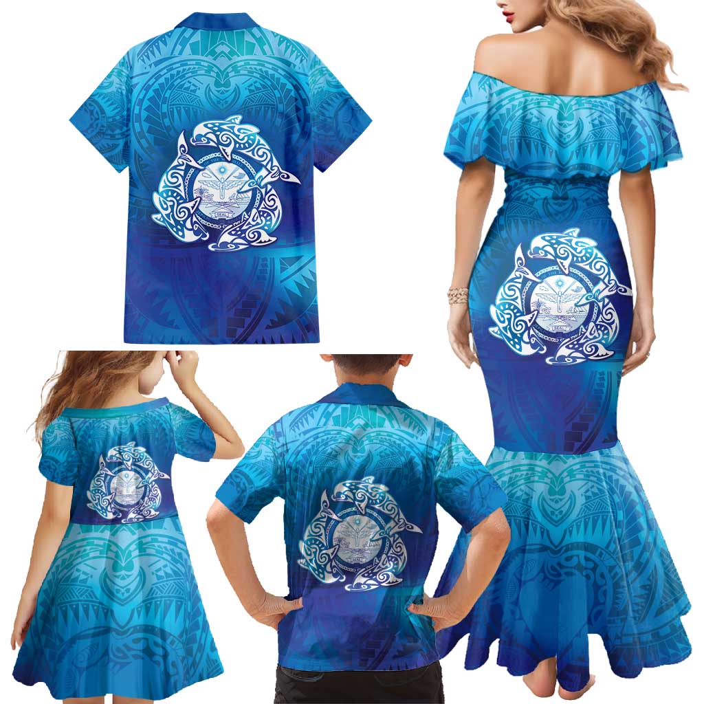 Marshall Islands Manit Day Family Matching Mermaid Dress and Hawaiian Shirt Tribal Dolphin With Marshall Seal - Polynesian Pride