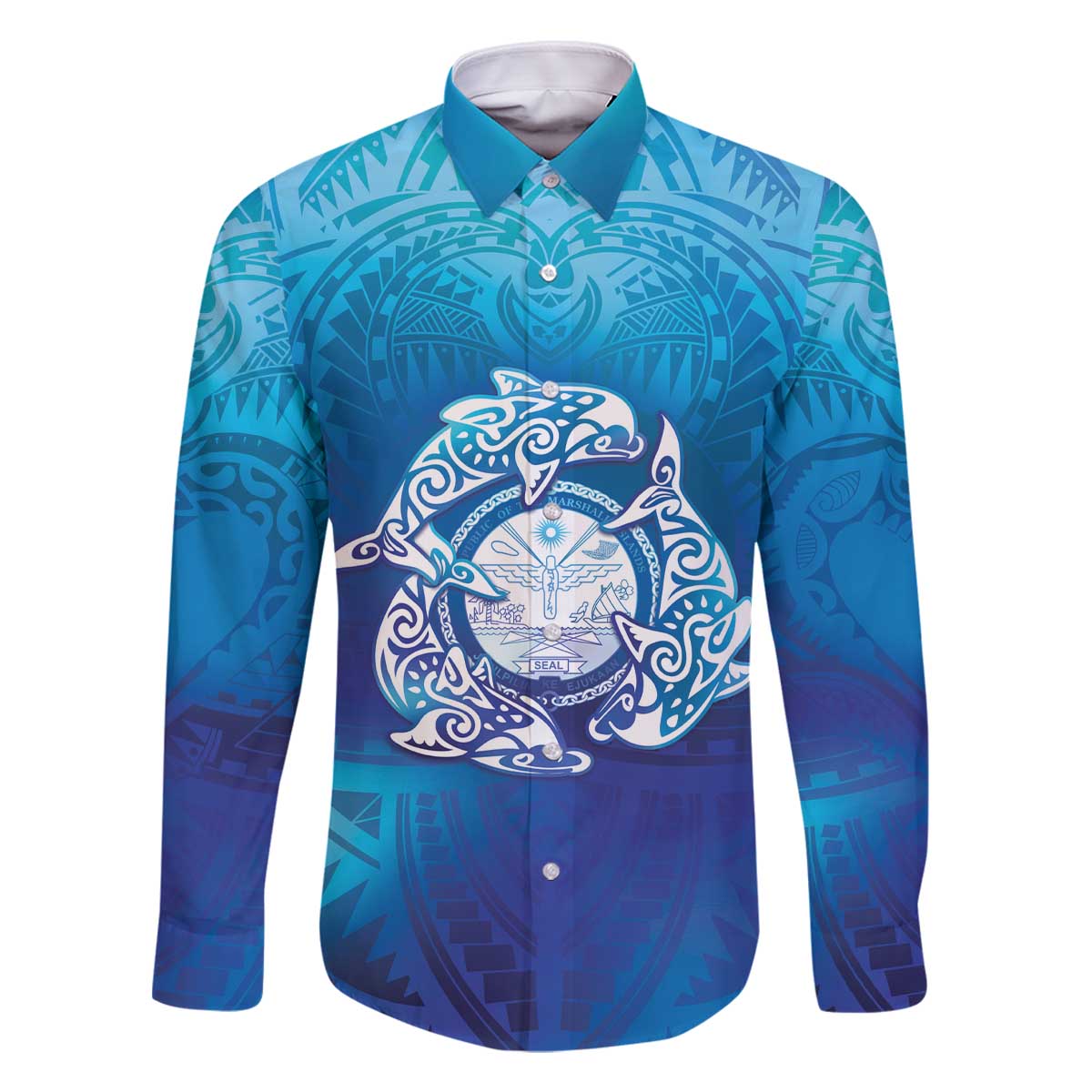 Marshall Islands Manit Day Family Matching Off The Shoulder Long Sleeve Dress and Hawaiian Shirt Tribal Dolphin With Marshall Seal - Polynesian Pride