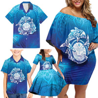 Marshall Islands Manit Day Family Matching Off Shoulder Short Dress and Hawaiian Shirt Tribal Dolphin With Marshall Seal - Polynesian Pride