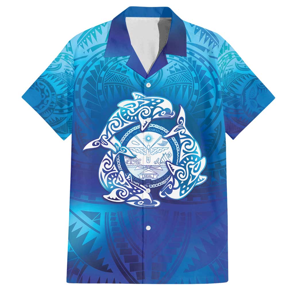 Marshall Islands Manit Day Family Matching Puletasi and Hawaiian Shirt Tribal Dolphin With Marshall Seal - Polynesian Pride